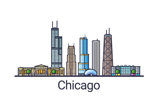 Banner der skyline der stadt chicago im trendigen stil der flachen linie. chicago city line art.