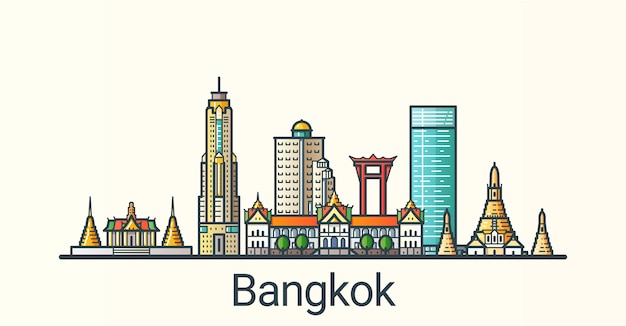 Vektor banner der stadt bangkok im trendigen stil der flachen linie. alle gebäude getrennt und anpassbar. strichzeichnungen.