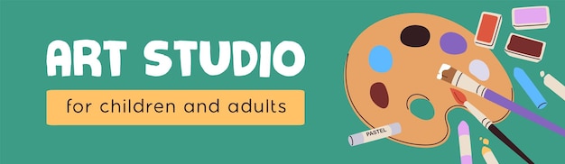Banner des Kunststudios Kreativwerkstätte Zeichnung Schule Werbung Web-Hintergrund Künstlerklasse Promotion Header Design Vorlage Horizontale Panorama-Werbung flache Vektor-Illustration