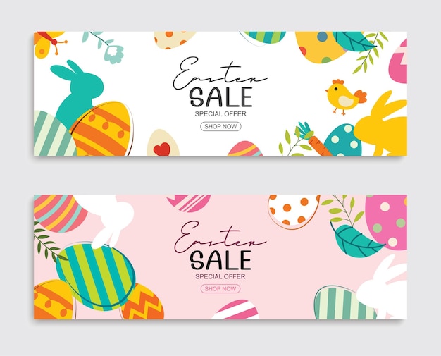 Banner-designvorlage für den osterverkauf mit bunten eiern und blumen für cover-werbeflyer