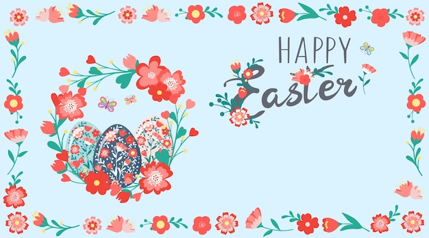 Banner frohe ostern. dekorativer handgezeichneter süßer kranz, eier mit blumen, blättern, schmetterling, text. frühlingsblumen bunte kollektion. abstrakte vektorillustration für grußkarteneinladung