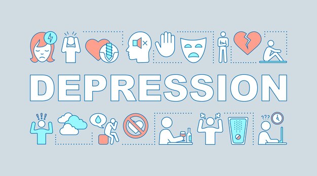 Banner für depressionswortkonzepte. apathischer geisteszustand. burnout, frustration. medizinische behandlung. präsentation, webseite. isolierte schrifttypografie-idee, lineare symbole. vektor-umriss-illustration