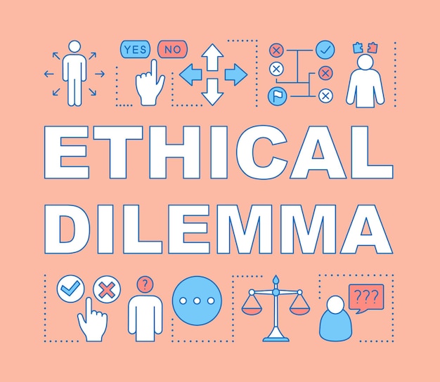 Banner für ethische Dilemma-Wortkonzepte. Moralische Wahl, Lösung. Ethischen Entscheidungsfindung. Präsentation, Webseite. Isolierte Schrifttypografie-Idee mit linearen Symbolen. Vektor-Umriss-Abbildung