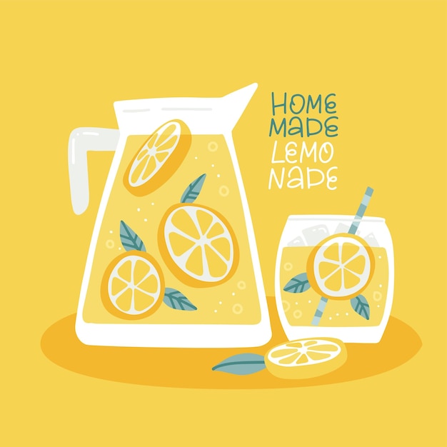 Banner für hausgemachte Limonade mit Krug frischem Zitrusgetränk und Glas leckerem Zitronengetränk