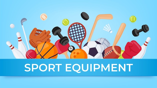 Banner für sportgeräte. ballspiele und fitnessartikel für rugby, badminton, fußball und basketball. cartoon-sport-verkauf-vektor-poster. sportspielshop-banner, fußball- und basketballillustration