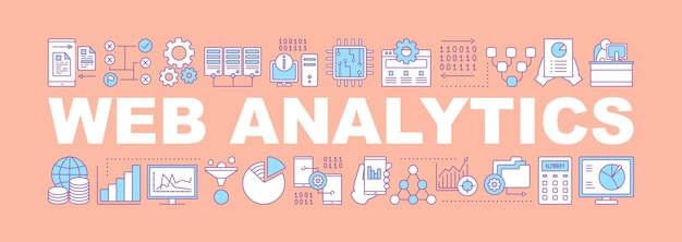 Banner für webanalyse-wortkonzepte. datenbank. digitale technologie. große daten. maschinelles lernen. isolierte typografie-idee mit linearen symbolen. data-mining. statistiken. vektor-umriss-illustration