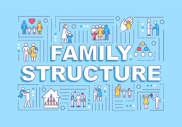 Banner für wortkonzepte der familienstruktur. vielfalt der beziehungstypen. infografiken mit linearen symbolen auf türkisfarbenem hintergrund. isolierte typografie. vektorumriss rgb-farbabbildung