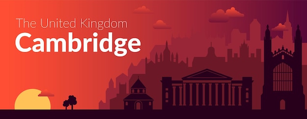 Vektor banner mit blick auf den sonnenuntergang über der stadt cambridge im vereinigten königreich