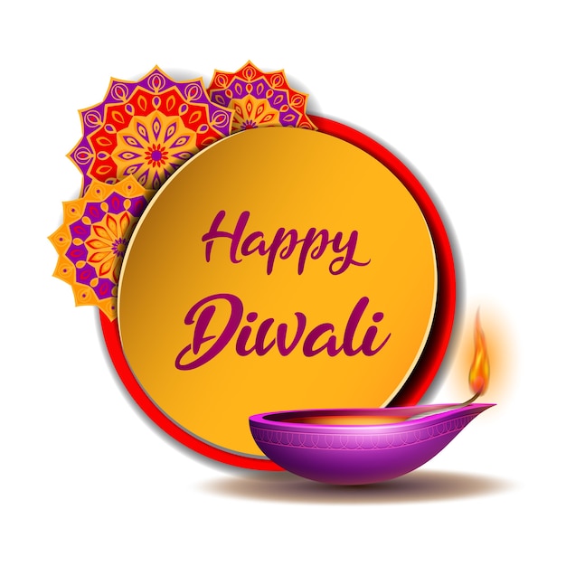 Banner mit brennendem diya mit indischem rangoli auf happy diwali holiday für das leichte festival von indien. glückliches deepavali tagesschablonenbanner. feiertagsdekorationselemente deepavali öllampe.