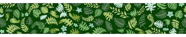 Banner mit exotischen Dschungelpflanzen Tropische Palmblätter und Blumen Regenwaldillustration in grünen Farben mit nahtloser horizontaler Wiederholung