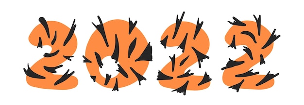 Banner mit gestreiften schwarzen und orangefarbenen lustigen zahlen 2022. neues jahr 2022 des tigers. handgezeichnete vektorgrafik