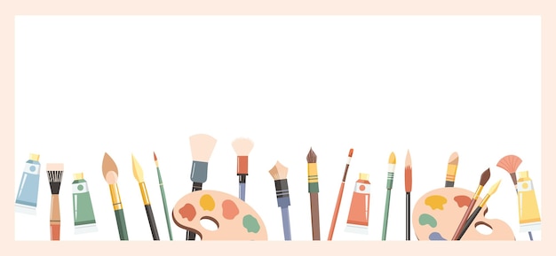 Banner mit Kunstmaterialien Horizontaler Werbungshintergrund mit Pinselfarben und Künstlerpalette