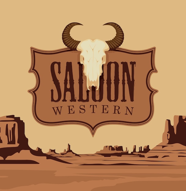 Vektor banner mit logo des western saloon und stierschädel