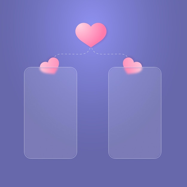 Banner mit rechteckigen Elementen in Form eines iPhones im Glasmorphismus-Stil und mit Herzen
