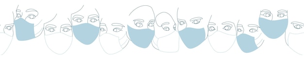 Vektor banner mit weiblichen gesichtern in medizinischen schutzmasken, die mit einer durchgehenden linie gezeichnet sind. minimalistische abstrakte porträts von schönen frauen. modernes modekonzept. in hellblauen farben