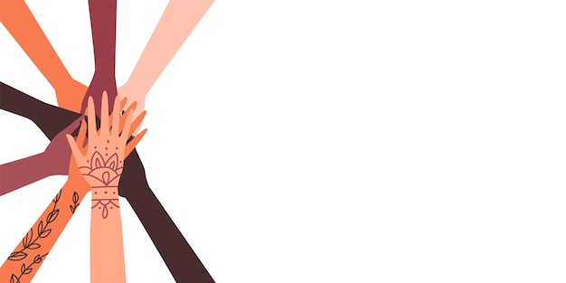 Banner oder Flyer mit verschiedenen multiethnischen, verbundenen Händen, flacher Vektorgrafik