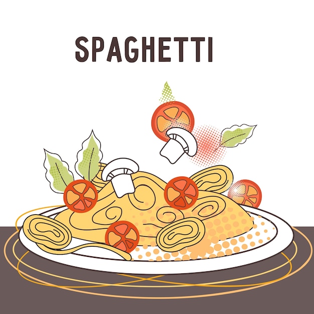 Banner oder poster mit teller mit gekochten spaghetti italienische spaghetti oder nudelgericht mit tomaten