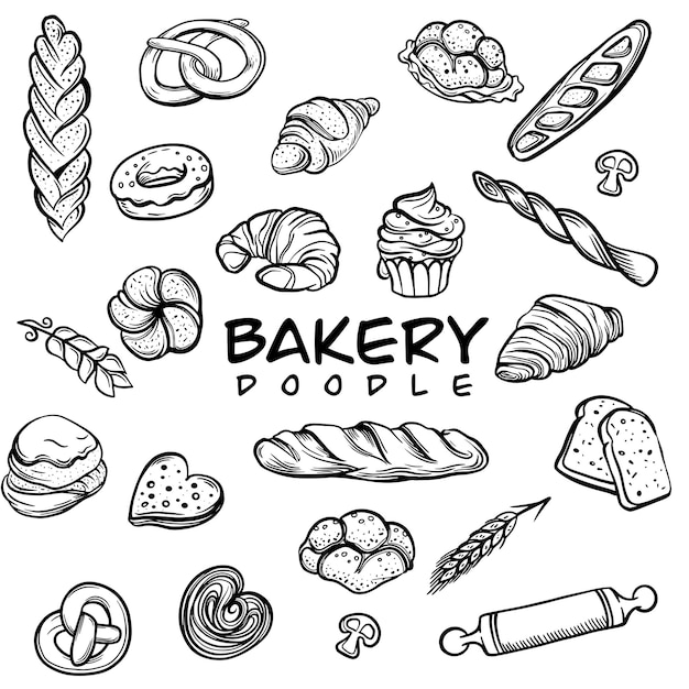 Vektor banner oder poster mit verschiedenen handgezeichneten bäckerei-brot-produkten im doodle-stil vektor-illustration vintage-bäckerei-banner mit skizziertem brot-vektor-setbäckerei-hintergrund