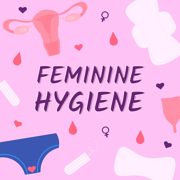 Banner-Poster-Aufkleber zum Thema der weiblichen Periode mit Pads, Tampon, Menstruationstasse, Unterhose, Gebärmutter und Text Damenhygiene auf rosa Hintergrund