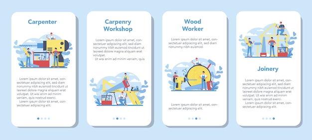 Banner-set für mobile anwendungen des holzarbeiter- oder zimmermannskonzepts. baumeister trägt helm und overall mit holzarbeiten. tischlerei und schreinerwerkstatt.
