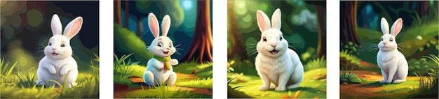 Banner-Set, lustiger weißer Hase, Vektor-Cartoon-Illustration, Hintergrund, Waldlichtung, süßer Hase für