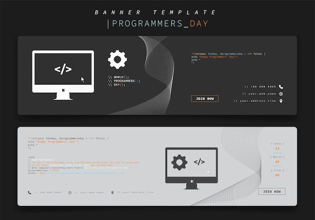 Banner-template-design mit computermonitor und ausrüstung auf grauem hintergrund für programmierer-tagesdesign
