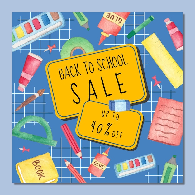 Banner von back to school sale mit aquarell schreibwaren watercolor