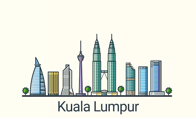 Banner von kuala lumpur im flachen trendstil. alle gebäude getrennt und anpassbar. strichzeichnungen.