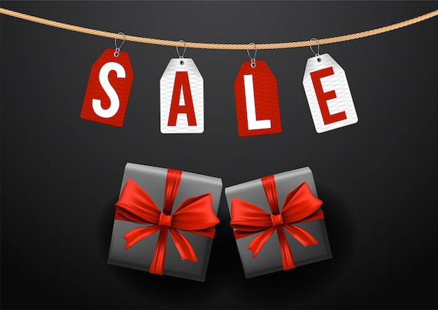 Banner Vorlage der Black Box mit roten Bändern und schwarzen Freitag Sale Tags
