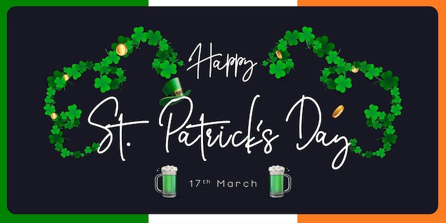 Vektor banner-vorlage des st. patrick day. leprechauns-hut, mocktail und kleeblatt-designelemente