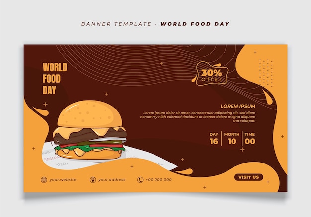 Banner-Vorlage im Landschaftshintergrund mit Cartoon-Burger für Welternährungstag-Design