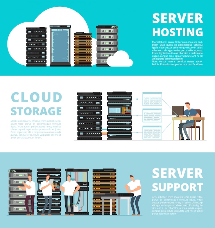Vektor banner-vorlage mit hardware-server-system und netzwerkadministration festgelegt. ingenieurdienst für datenspeicherung