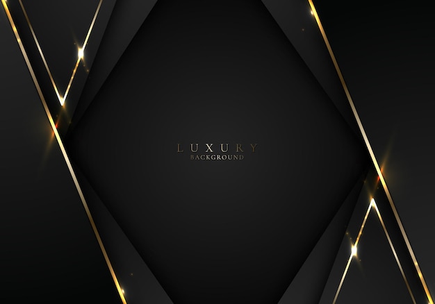 Vektor banner-web-elegante 3d-abstrakte schwarze streifenformen mit glänzenden goldenen diagonalen linien auf dunklem hintergrund