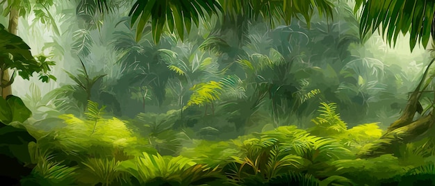 Vektor banner wunderschöne regenwald-dschungellandschaft mit üppigem laub in grünen farben, vektorillustration