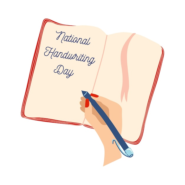 Banner zum Nationalen Tag der Handschrift. Hand schreibt mit Stift in Notizbuch. Vektor-Illustration