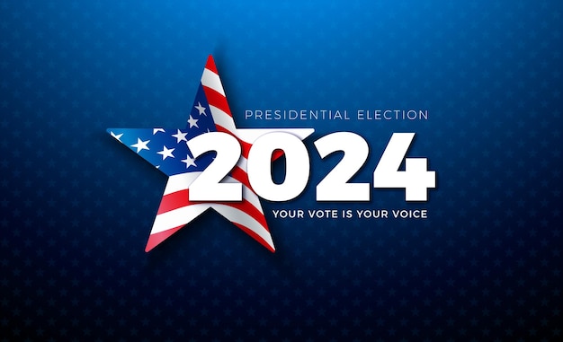 Vektor banner zur präsidentschaftswahl der usa 2024 mit amerikanischer flagge in sternensymbol und textetikette