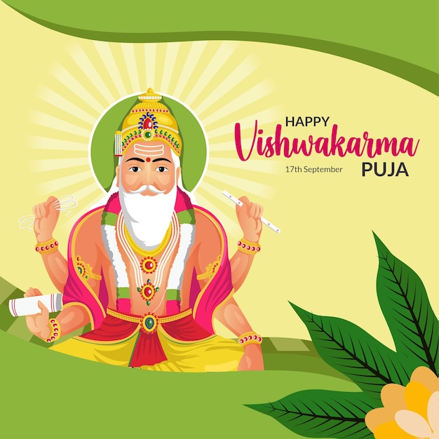 Bannerdesign des hinduistischen gottes happy vishwakarma puja, eines architekten und göttlichen ingenieurs des universums