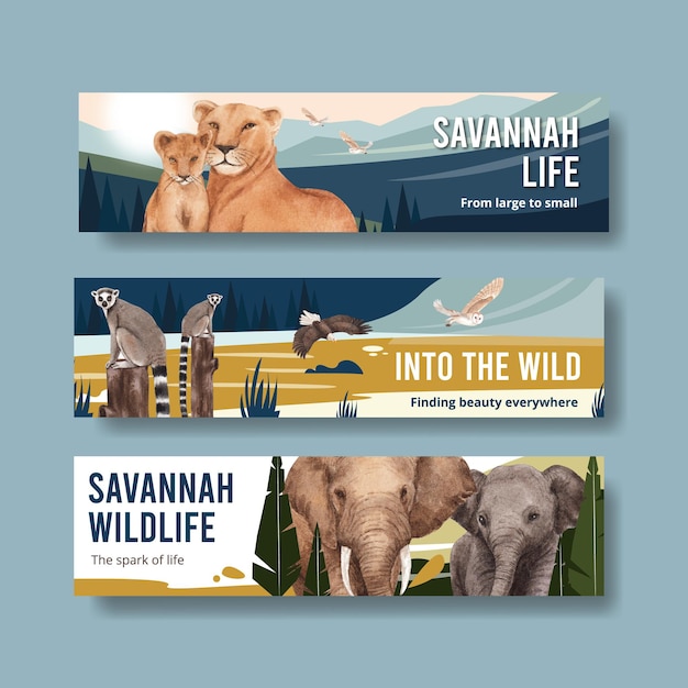 Vektor bannerschablone mit aquarellillustration des savannah-wildtierkonzeptes