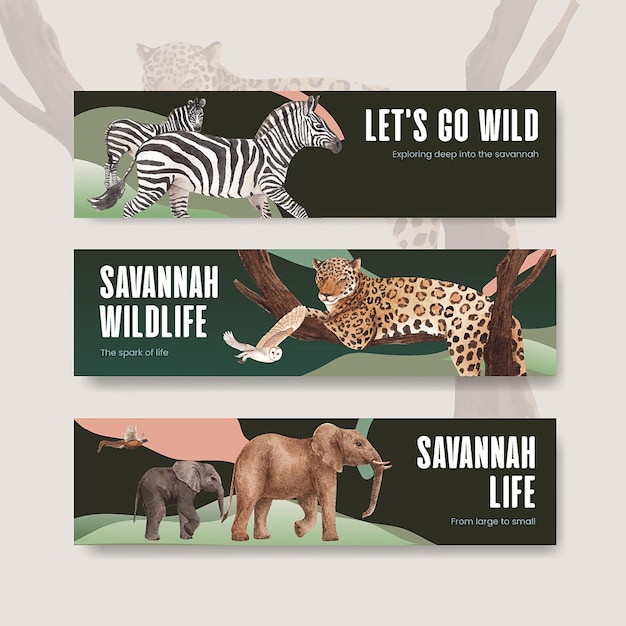 Vektor bannerschablone mit aquarellillustration des savannah-wildtierkonzeptes