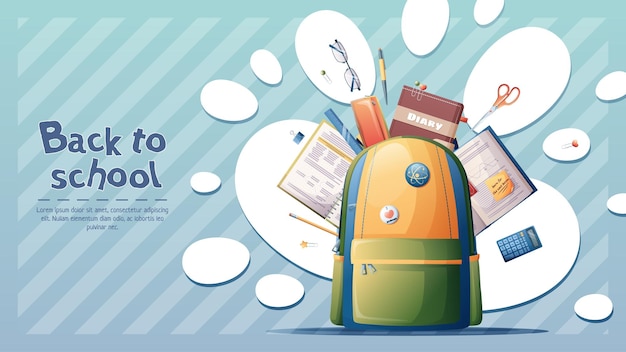 Bannervorlage mit einem Schulrucksack und verstreuten Lehrbüchern, Schreibwaren usw. auf blauem Hintergrund