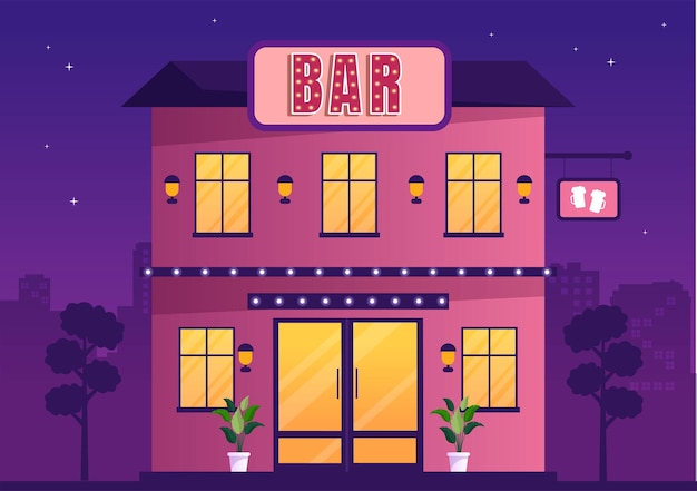 Bar- oder Pub-Gebäude mit nächtlichem Blick auf die Außenseite des Cafés in flacher Cartoon-Illustration