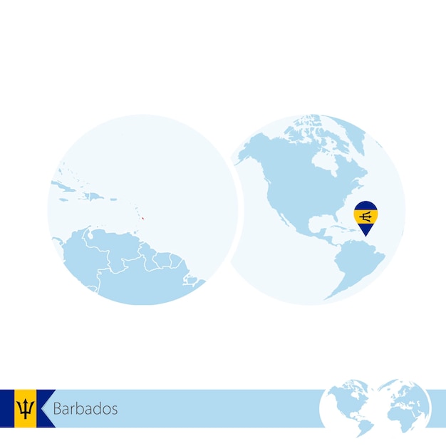 Barbados auf der weltkugel mit flagge und regionaler karte von barbados. vektor-illustration.