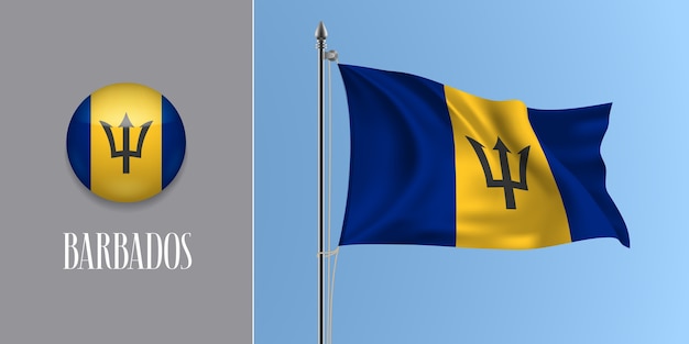 Barbados winkende flagge auf fahnenmast und runder symbolillustration