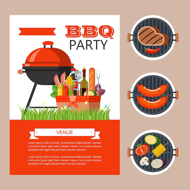 Vektor barbecue, feinstes rindfleisch. grillset, vektor-clipart im flachen stil. großes appetitliches rindersteak, gemüse, basilikum, zitrone. vektorillustration mit platz für text.