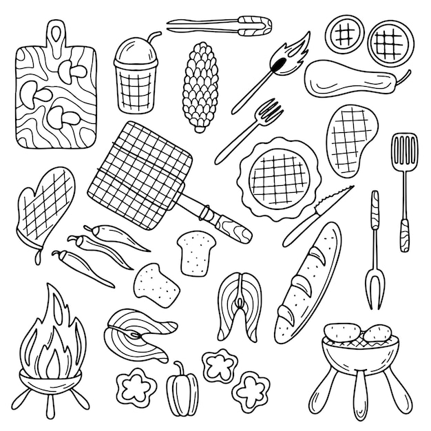 Vektor barbecue-grill-sammlung in handgezeichnetem doodle-stil bbq-set vektor-illustration grillparty