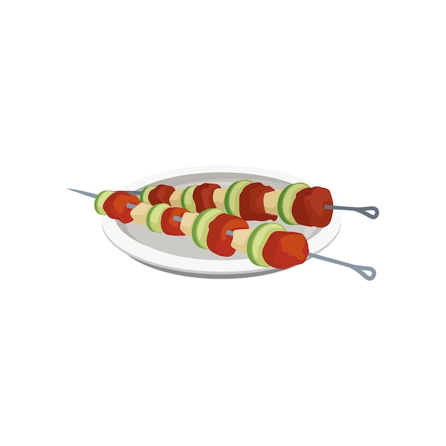 Barbecue-Kebabs auf Spießen auf einem Teller, gegrilltes Fleisch-Vektor, Illustration isoliert auf weißem Hintergrund
