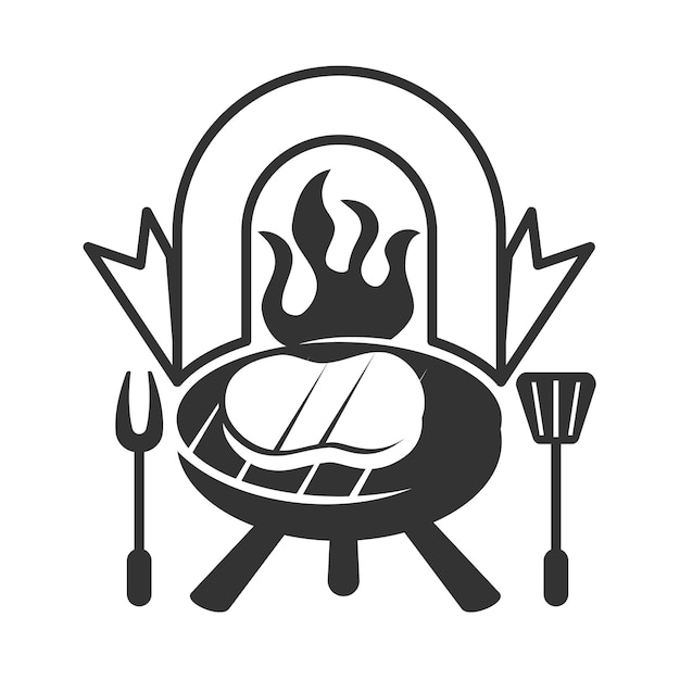 Barbecue-logo mit bbq-logo und feuerkonzept in kombination mit pfannenwender