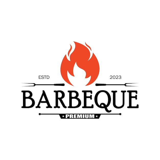 Barbecue Vintage-Heißgrill mit gekreuzten Flammen und Spachtel-Logo für Restaurantcafé und Barvektor