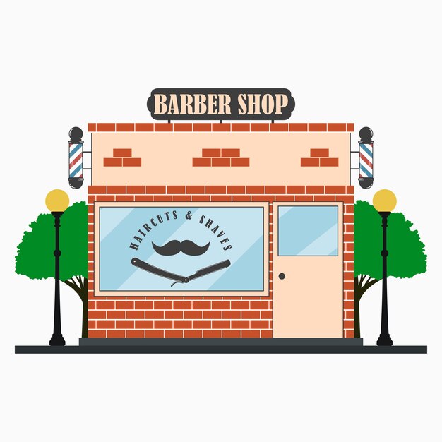 Barber shop gebäudefassade mit schild barbier pole schnurrbart rasiermesser straßenlaternen