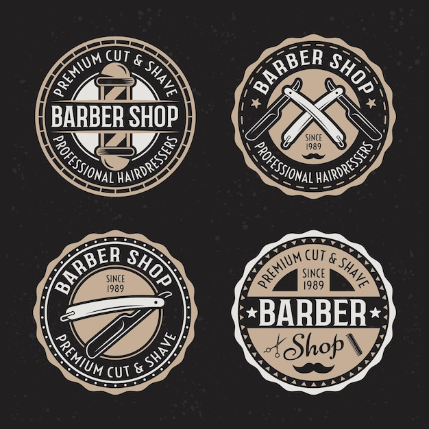 Barber shop set von vektor-rundabzeichen embleme etiketten oder logos im vintage-stil einzeln auf dunklem hintergrund